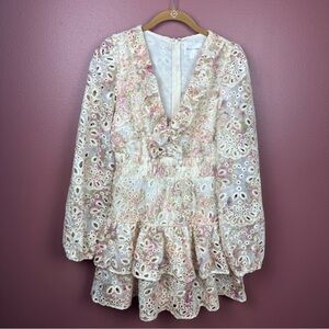 Line & Dot Meadow Mini Dress in color pink multi v-neck eyelet